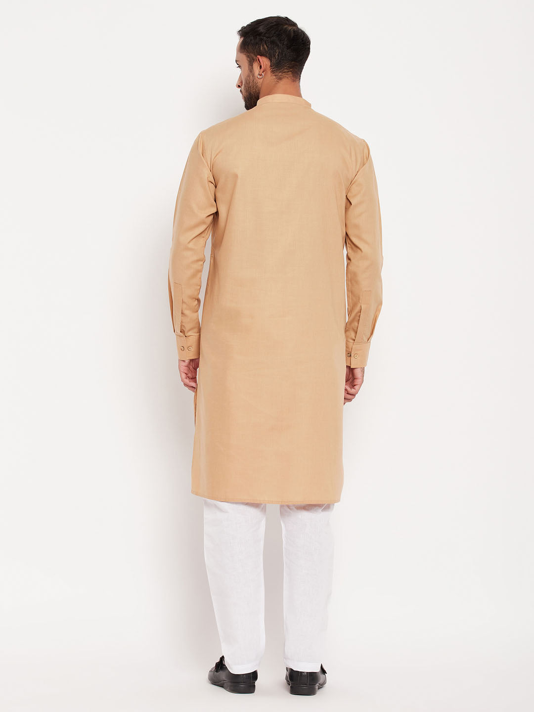 Men's Chiku And White Cotton Blend Kurta Pyjama Set