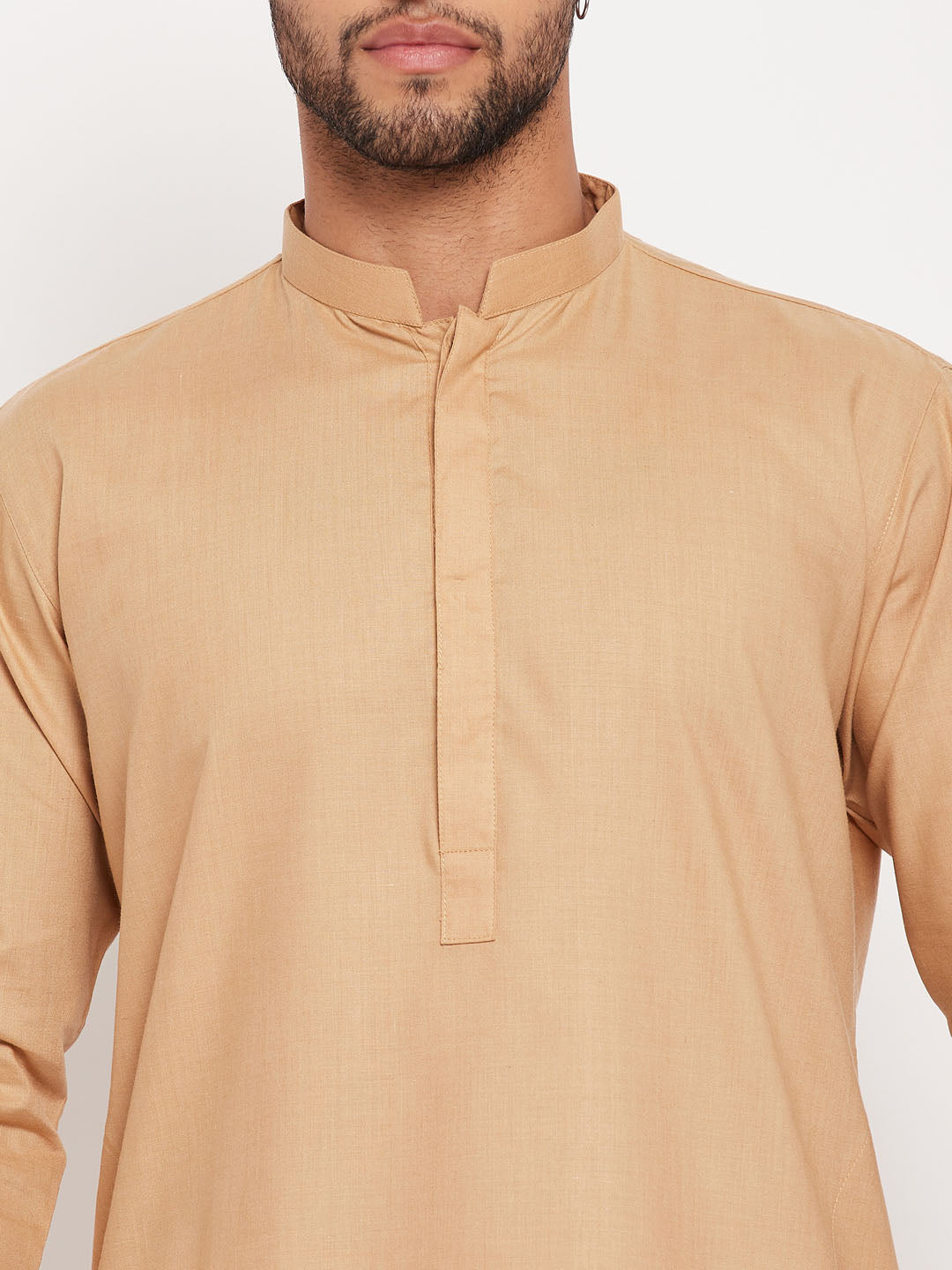 Men's Chiku And White Cotton Blend Kurta Pyjama Set