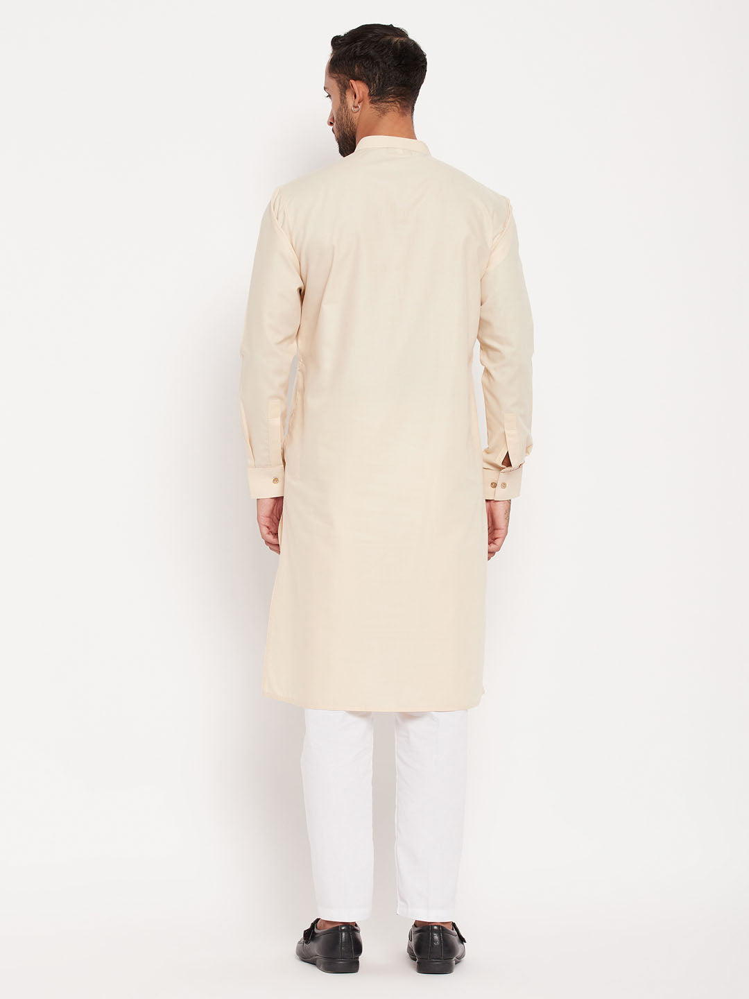 Men's Cream And White Cotton Blend Kurta Pyjama Set