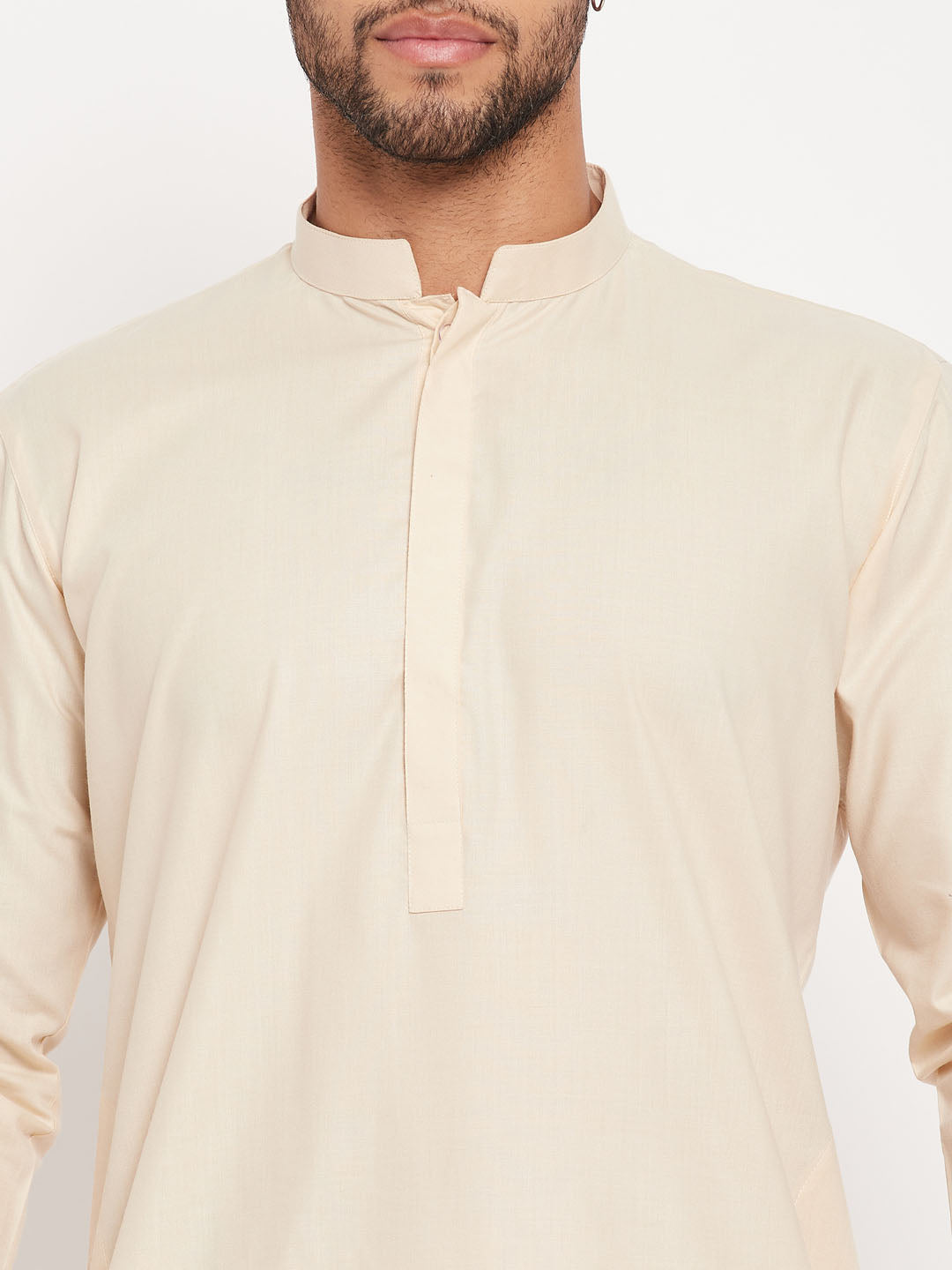 Men's Cream And White Cotton Blend Kurta Pyjama Set