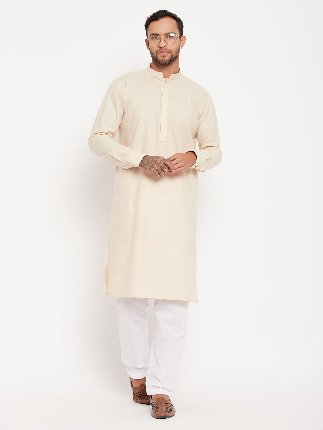 Men's Cream And White Cotton Blend Kurta Pyjama Set