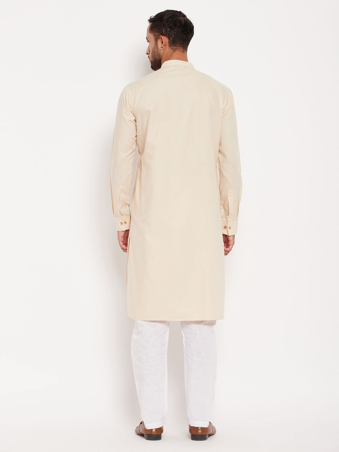 Men's Cream And White Cotton Blend Kurta Pyjama Set