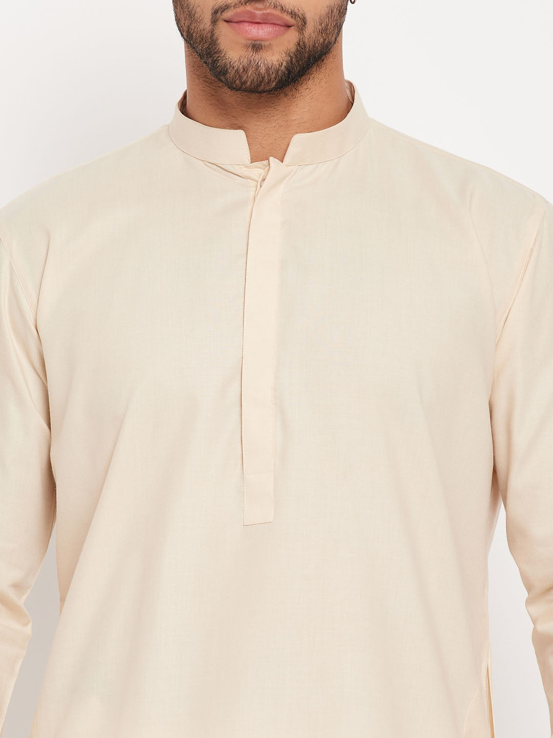 Men's Cream And White Cotton Blend Kurta Pyjama Set