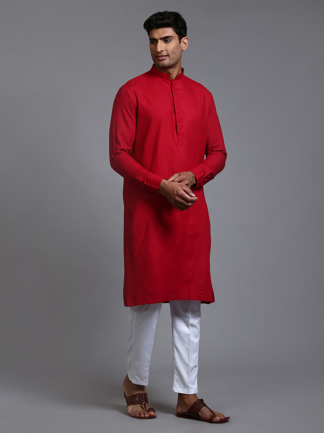 Men's Maroon And White Cotton Blend Kurta Pyjama Set