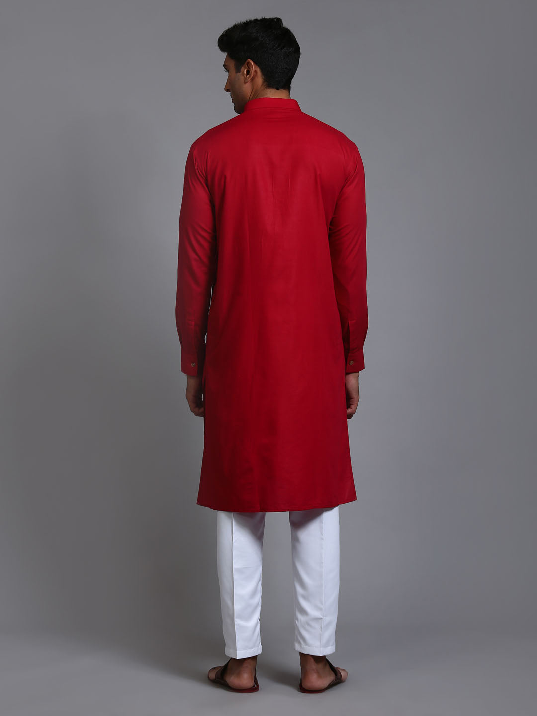 Men's Maroon And White Cotton Blend Kurta Pyjama Set