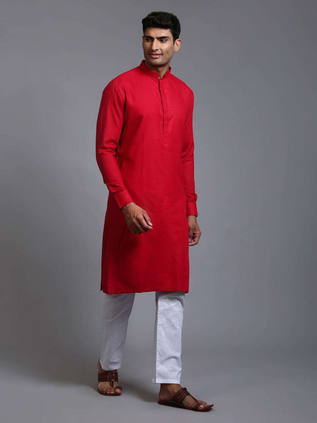 Men's Maroon And White Cotton Blend Kurta Pyjama Set