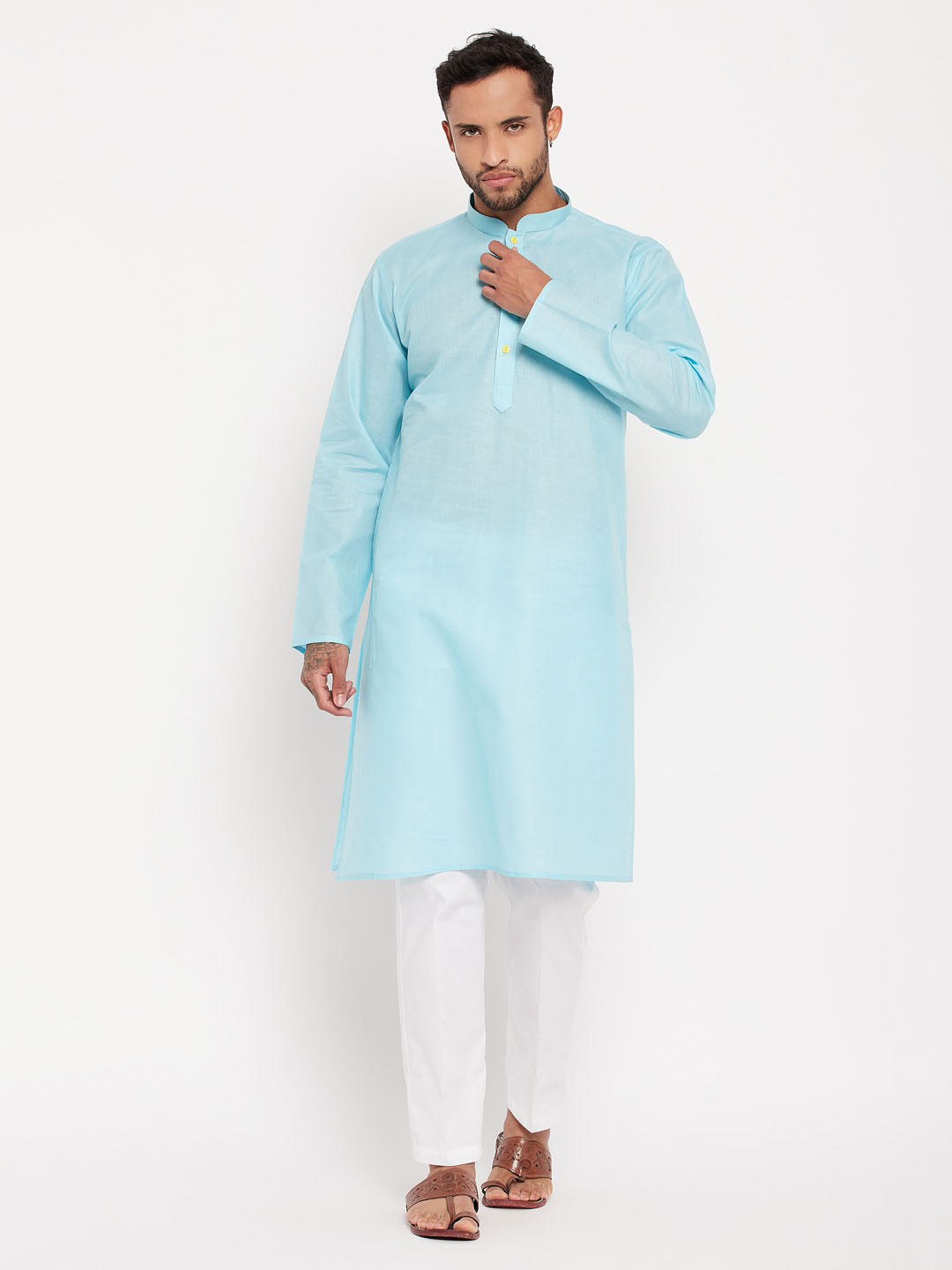 Men's Aqua And White Cotton Kurta Pyjama Set