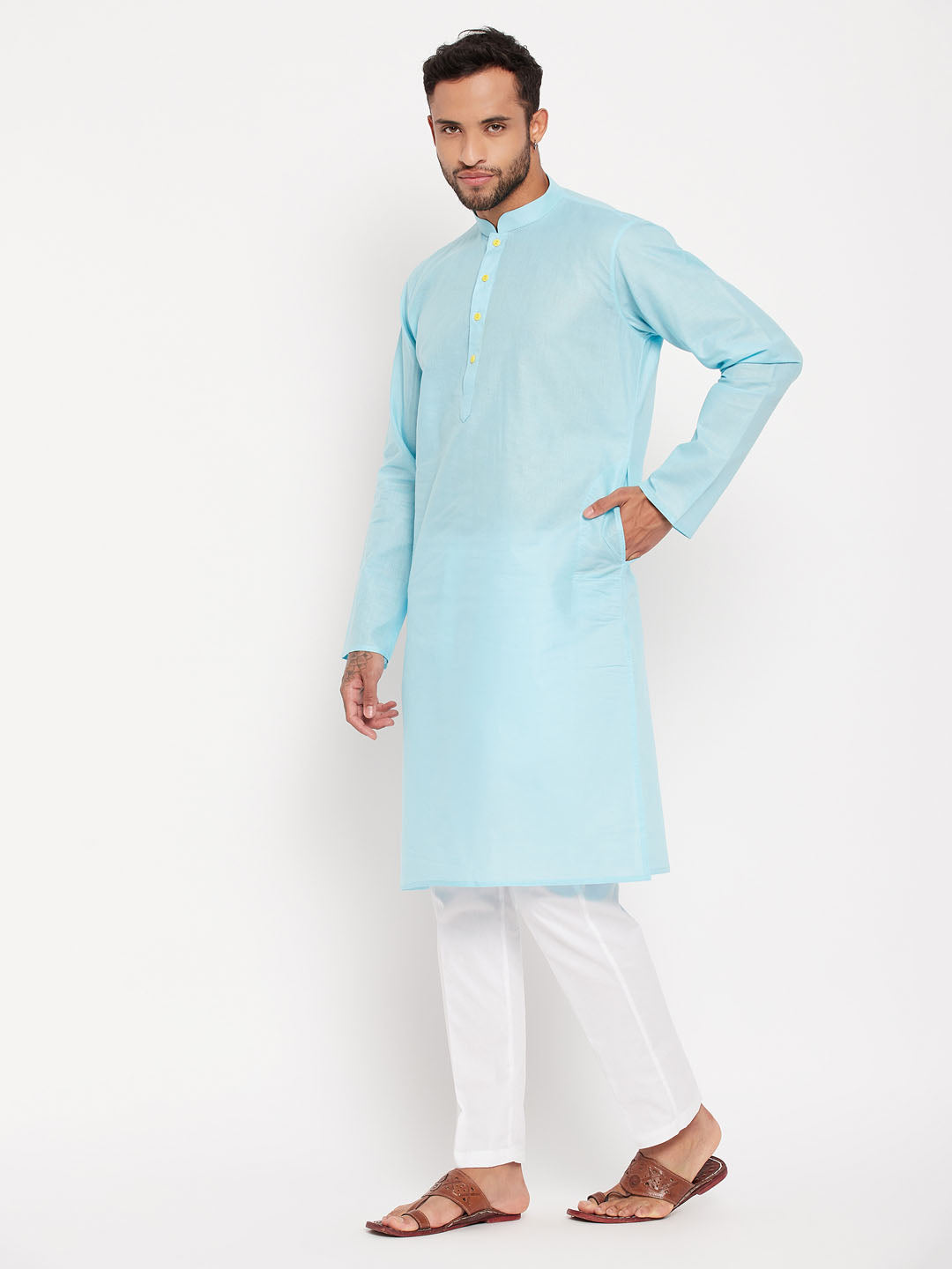 Men's Aqua And White Cotton Kurta Pyjama Set