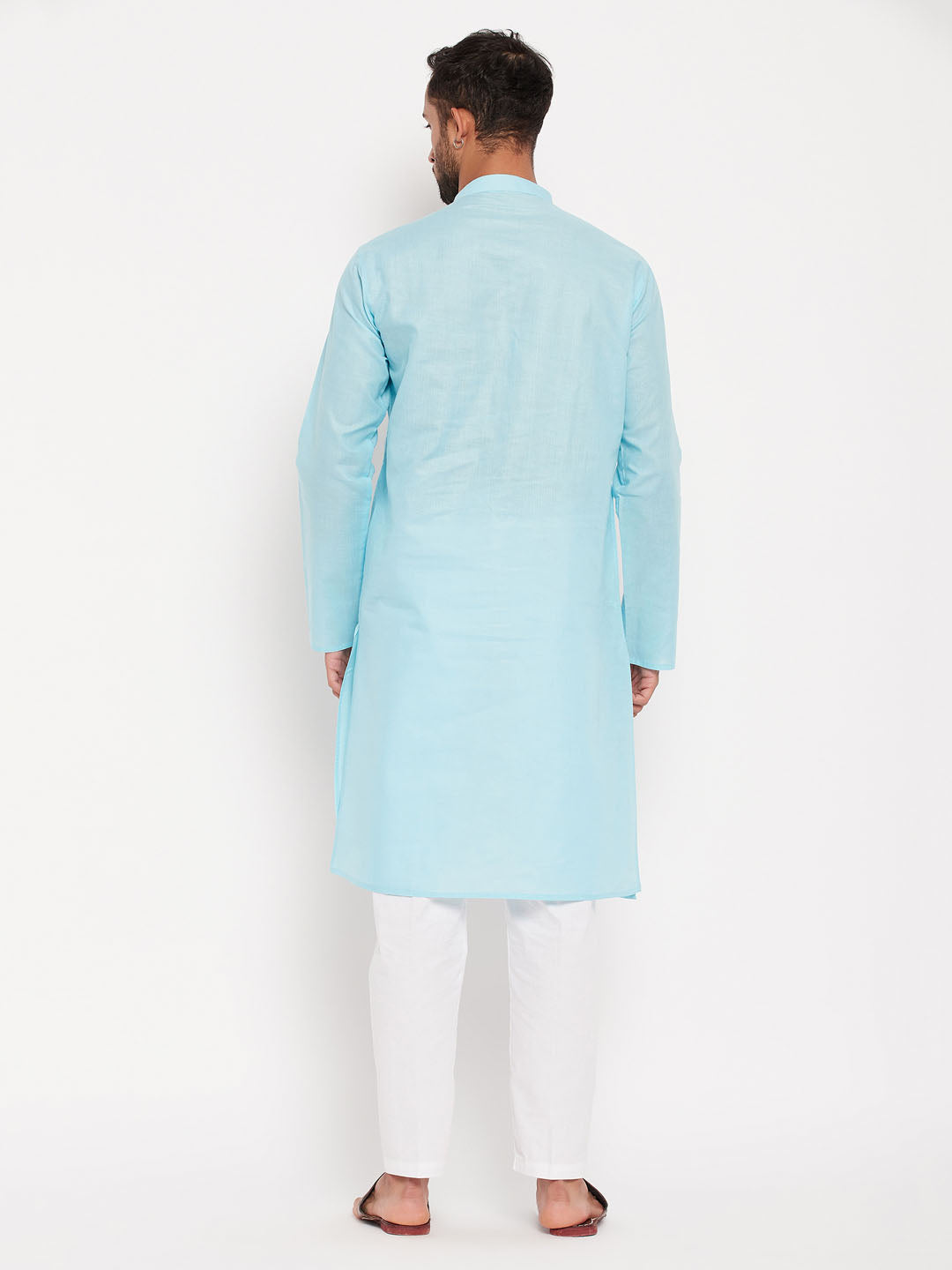 Men's Aqua And White Cotton Kurta Pyjama Set