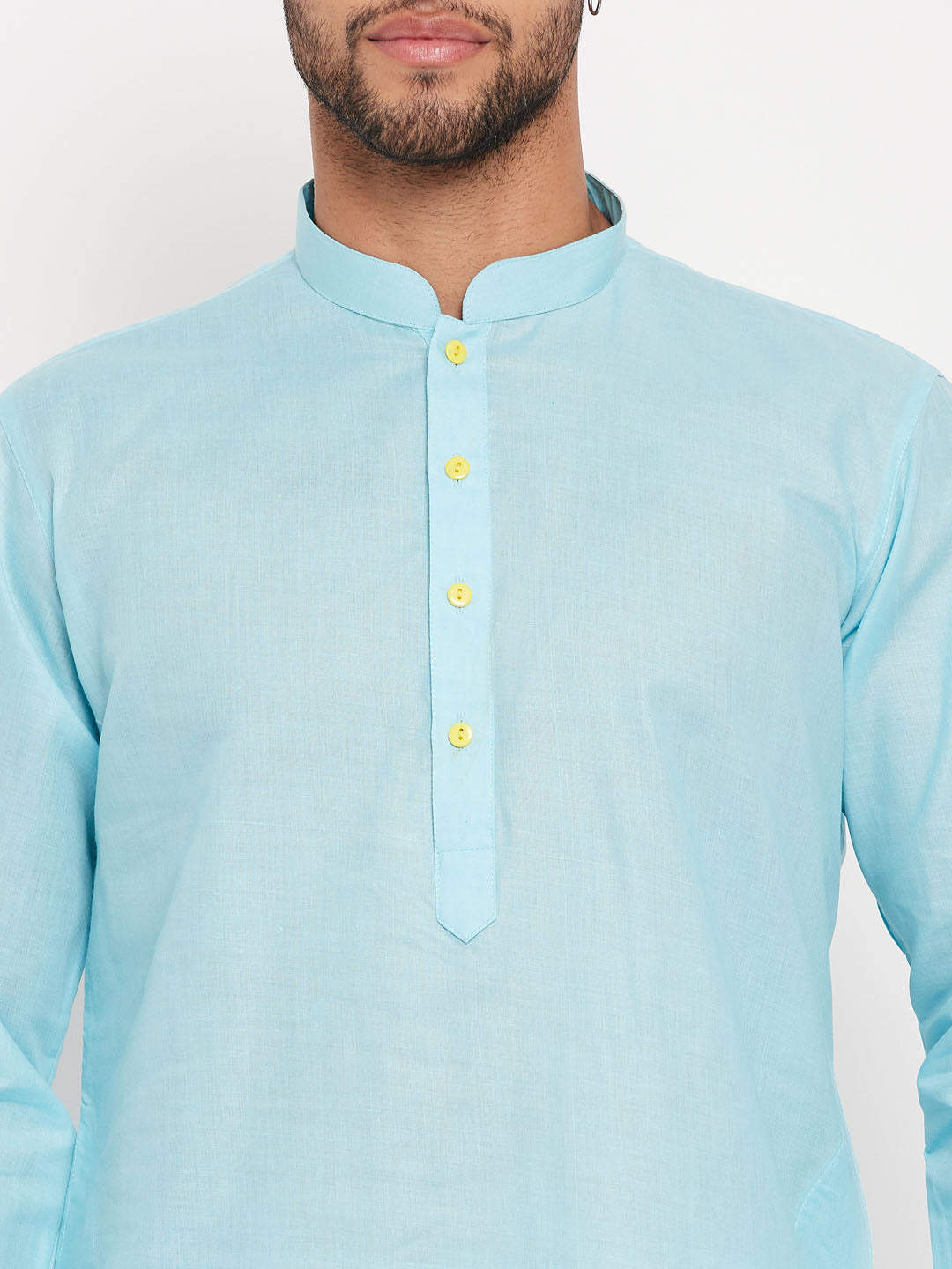 Men's Aqua And White Cotton Kurta Pyjama Set