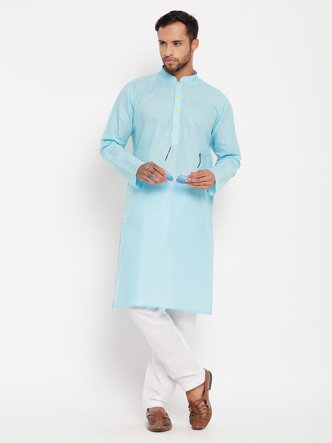 Men's Aqua And White Cotton Kurta Pyjama Set