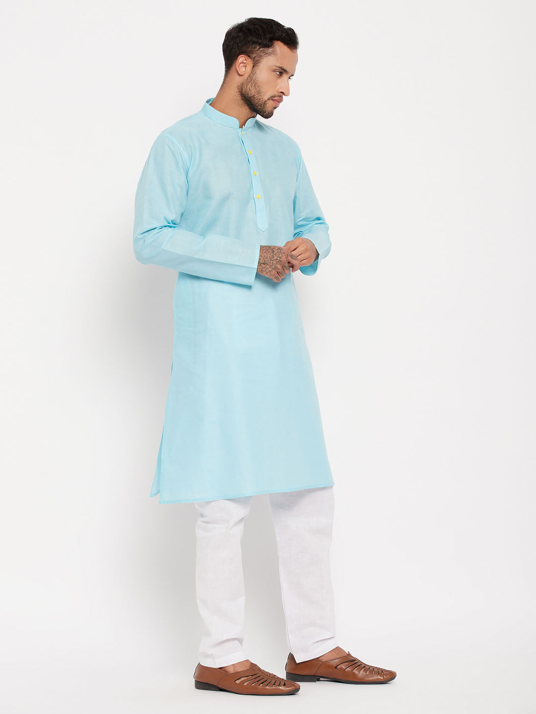 Men's Aqua And White Cotton Kurta Pyjama Set