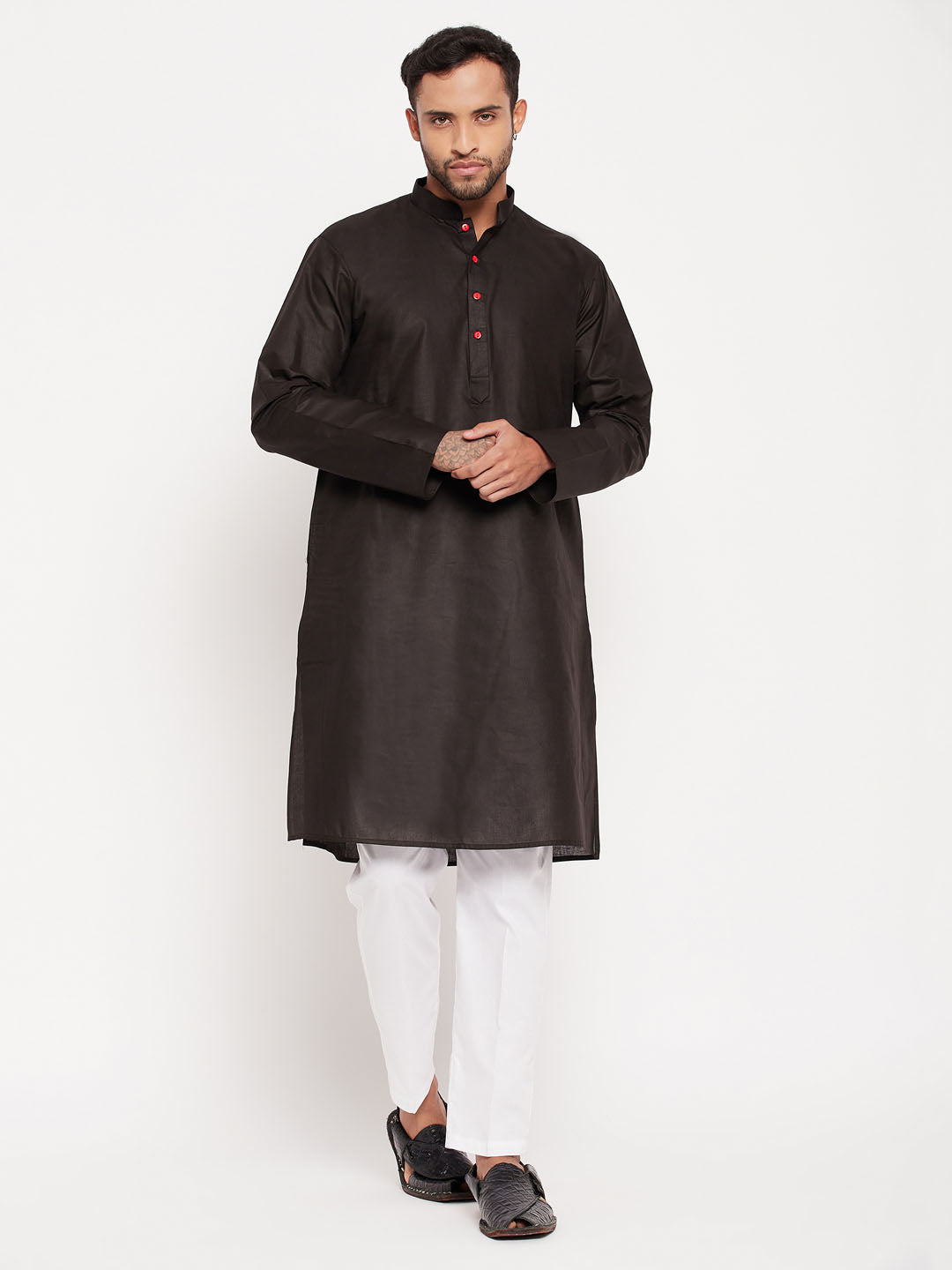 Men's Black And White Cotton Kurta Pyjama Set