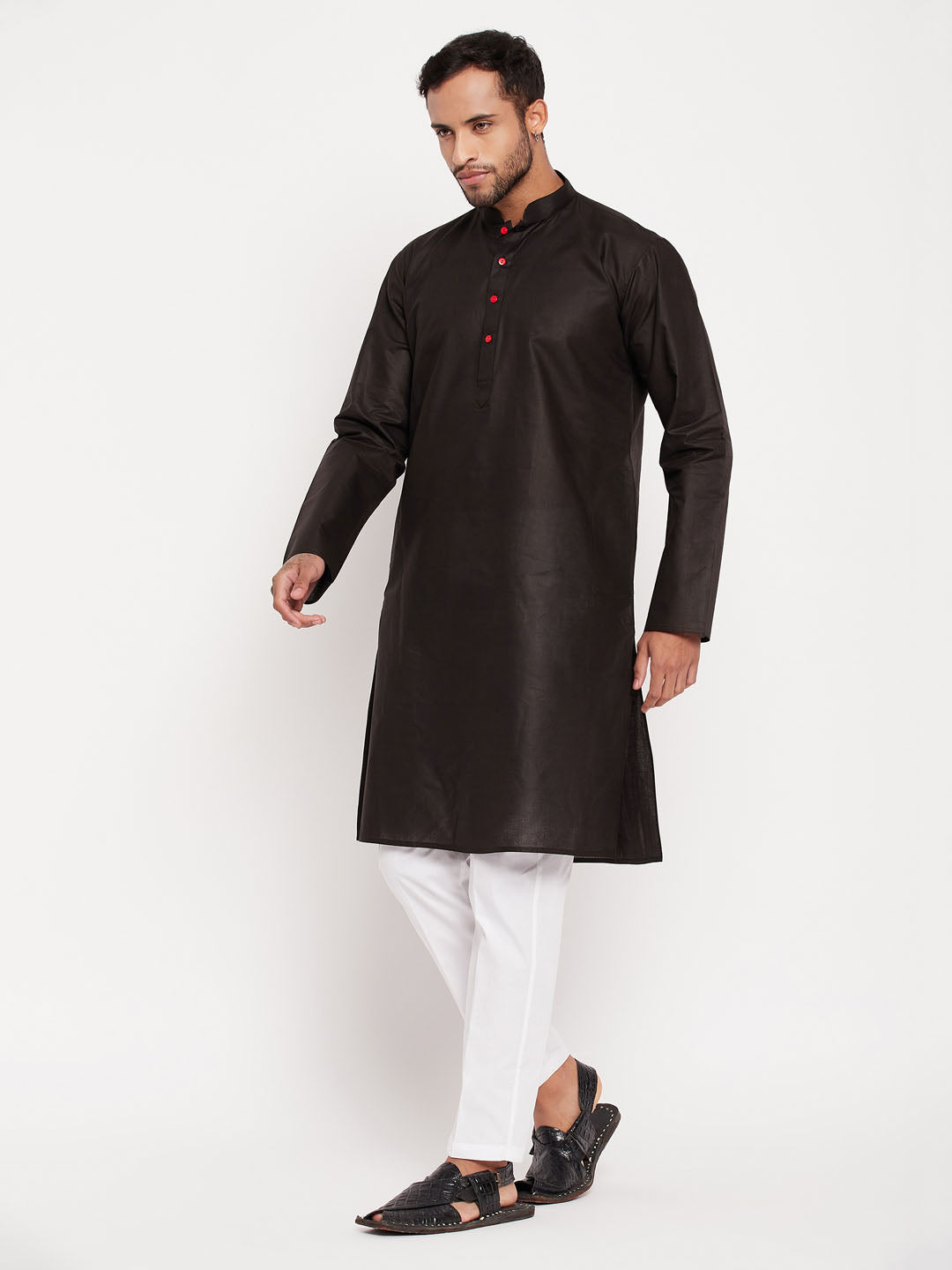 Men's Black And White Cotton Kurta Pyjama Set