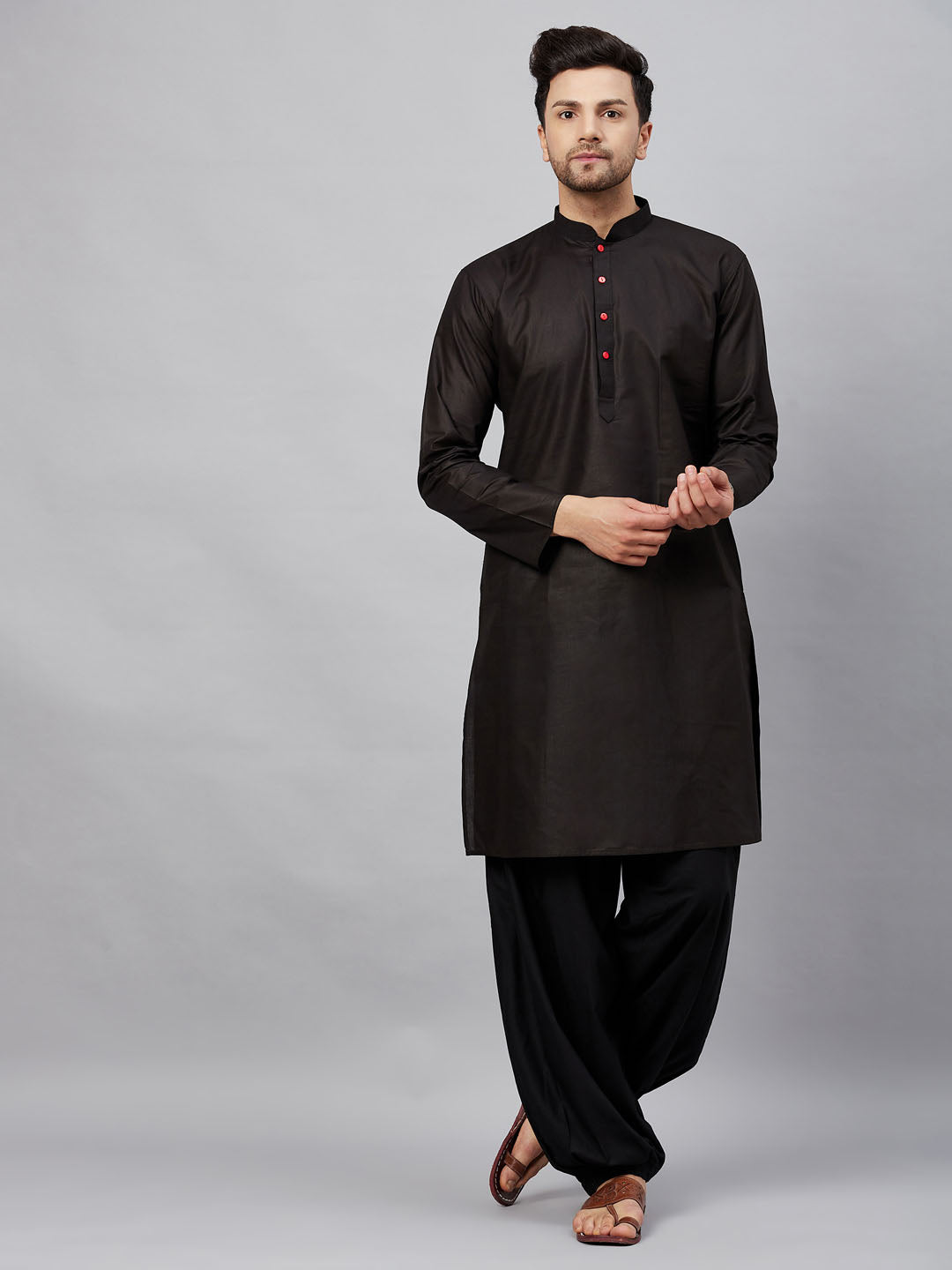 Men's Black Cotton Kurta And Patiala Set