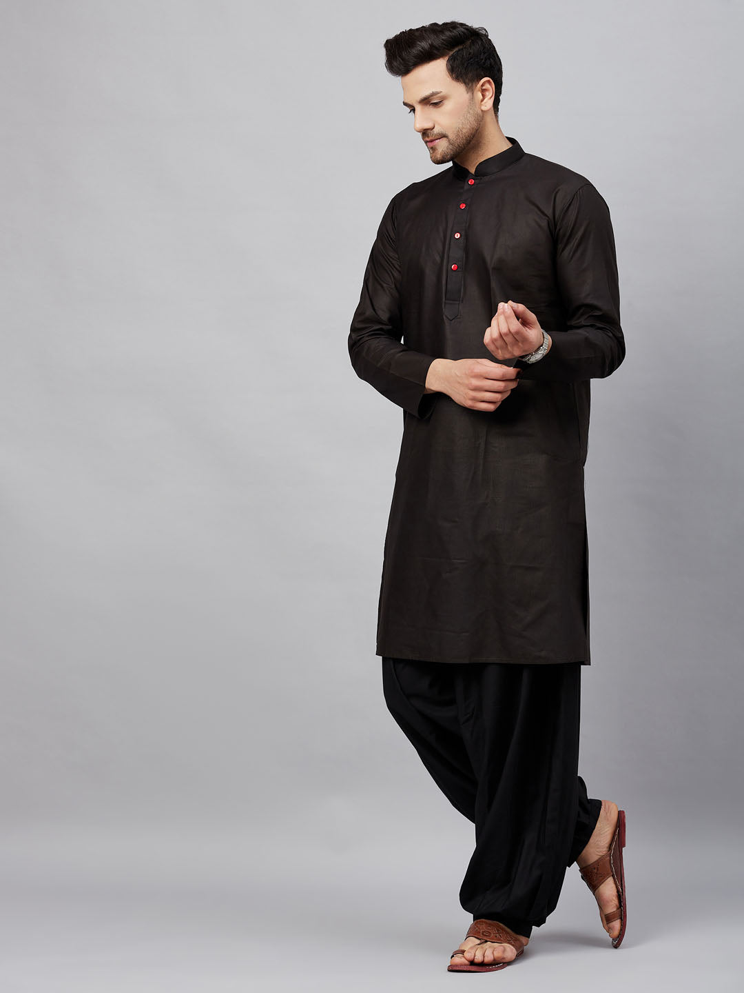 Men's Black Cotton Kurta And Patiala Set