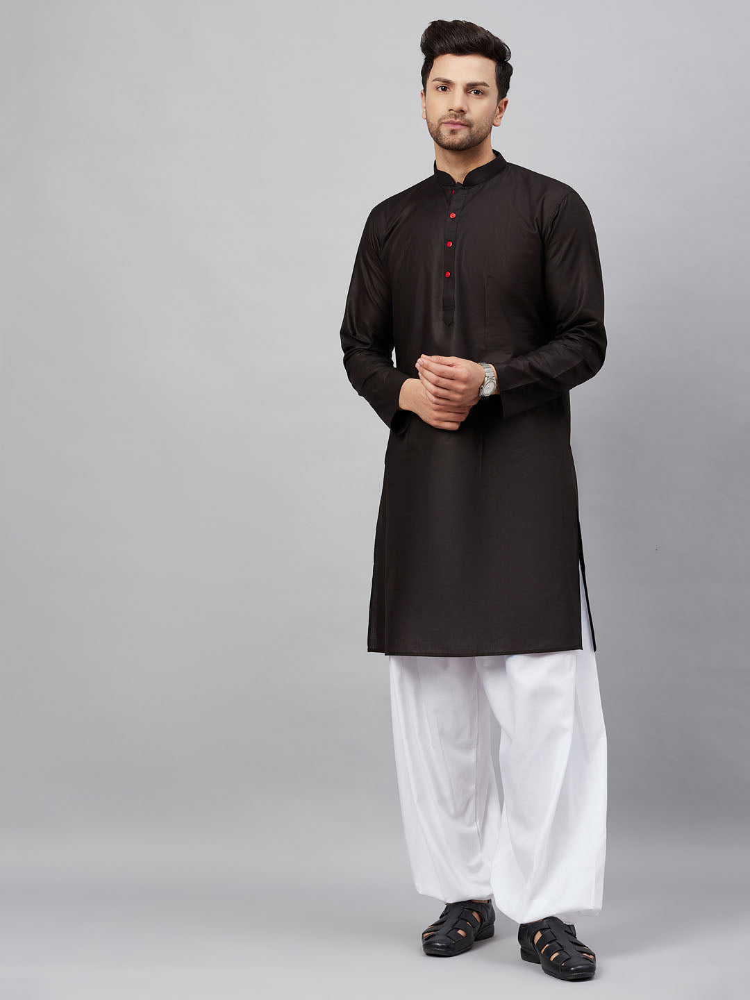 Men's Black And White Cotton Kurta And Patiala Set