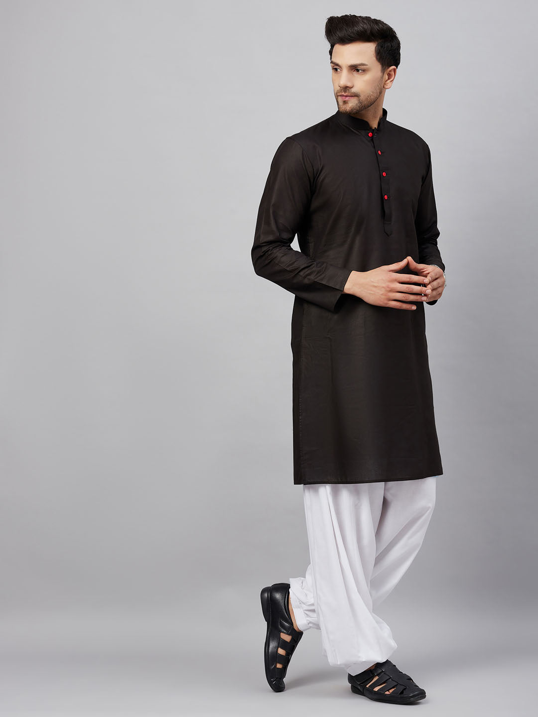 Men's Black And White Cotton Kurta And Patiala Set