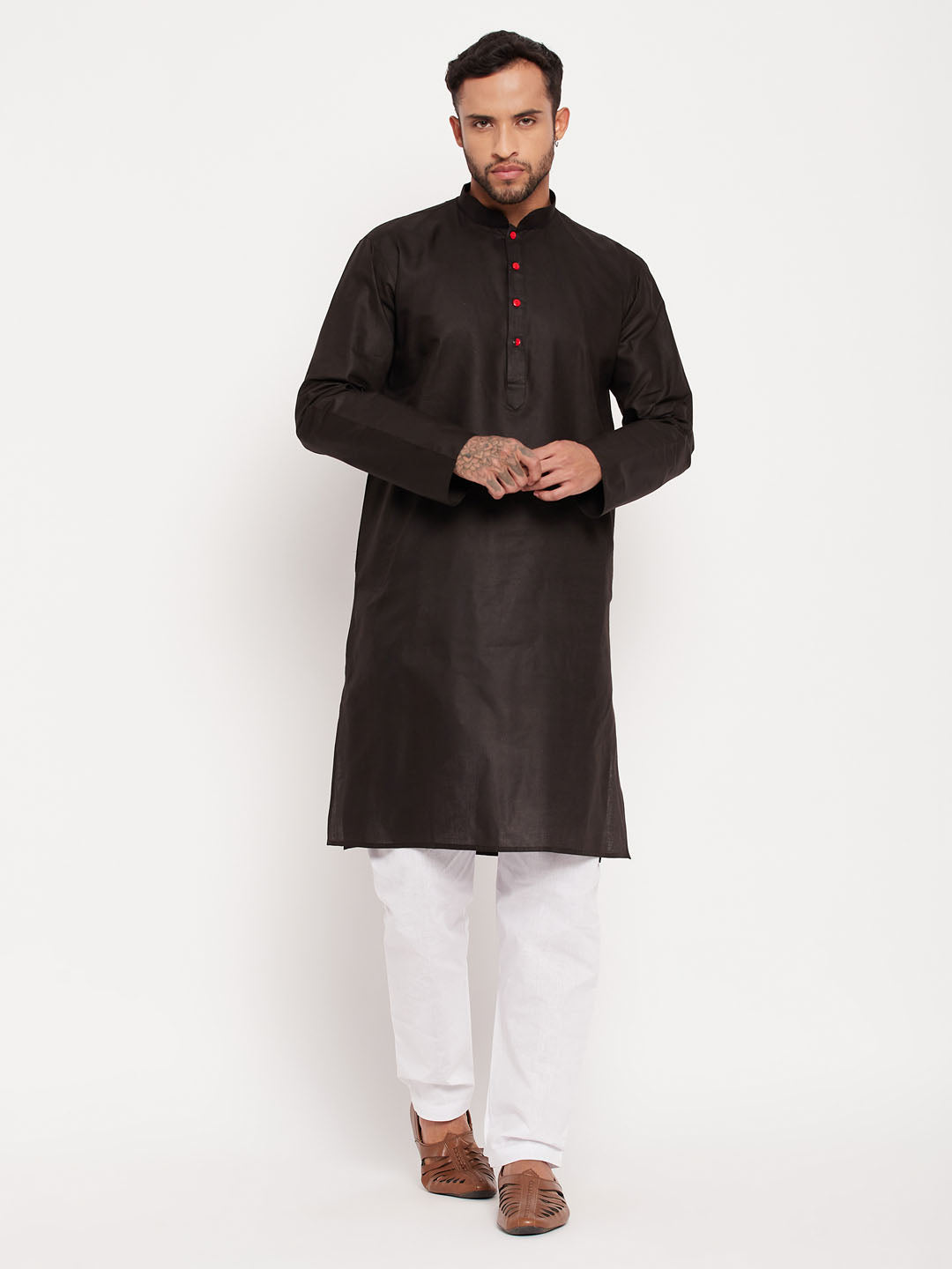 Men's Black And White Cotton Kurta Pyjama Set