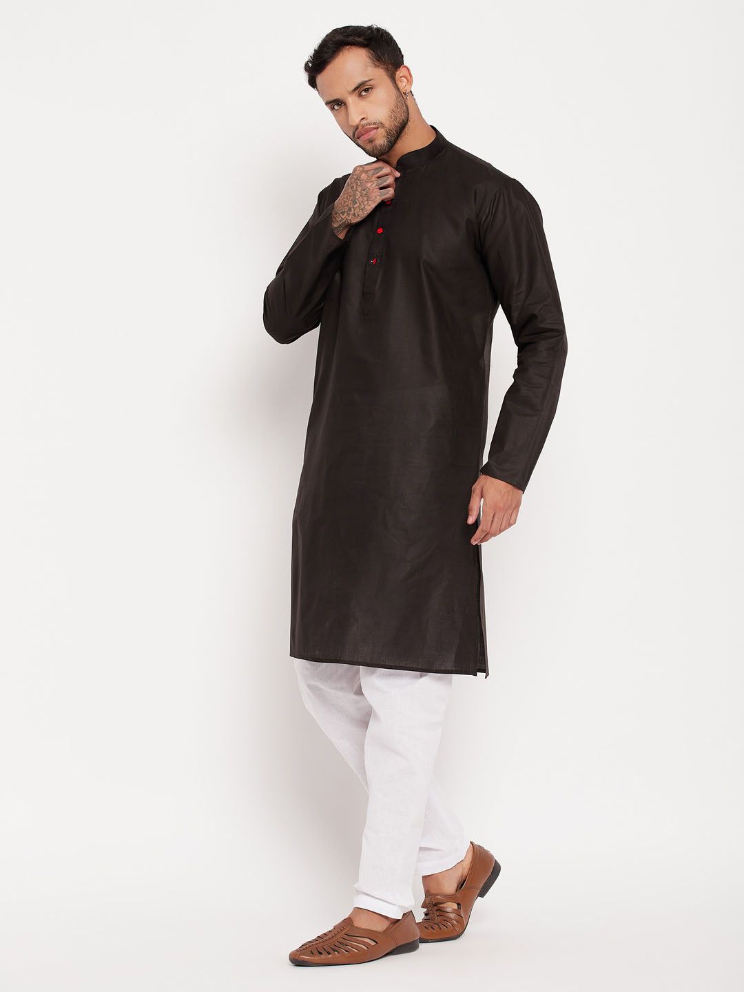 Men's Black And White Cotton Kurta Pyjama Set