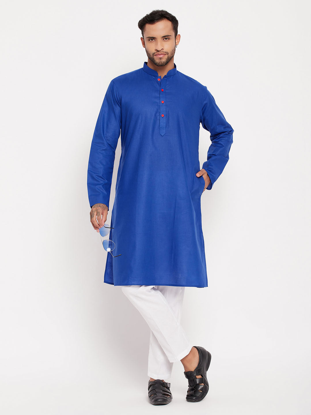 Men's Blue And White Cotton Kurta Pyjama Set