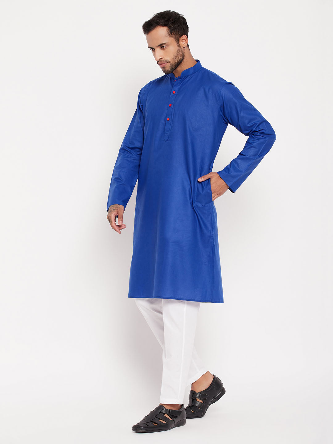 Men's Blue And White Cotton Kurta Pyjama Set