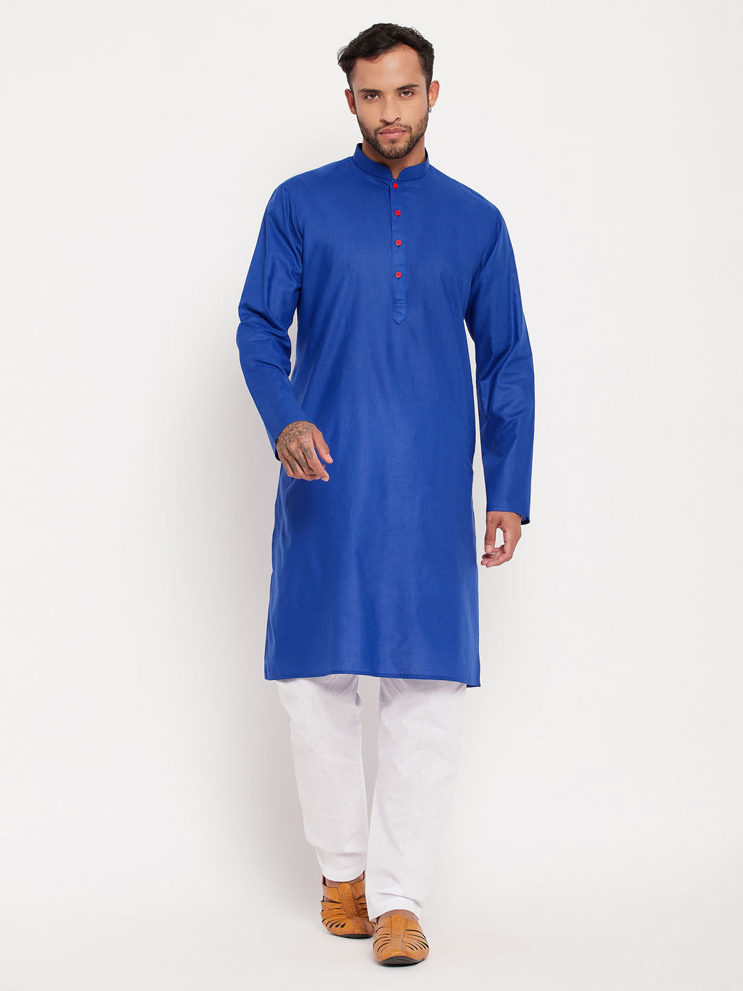 Men's Blue And White Cotton Kurta Pyjama Set