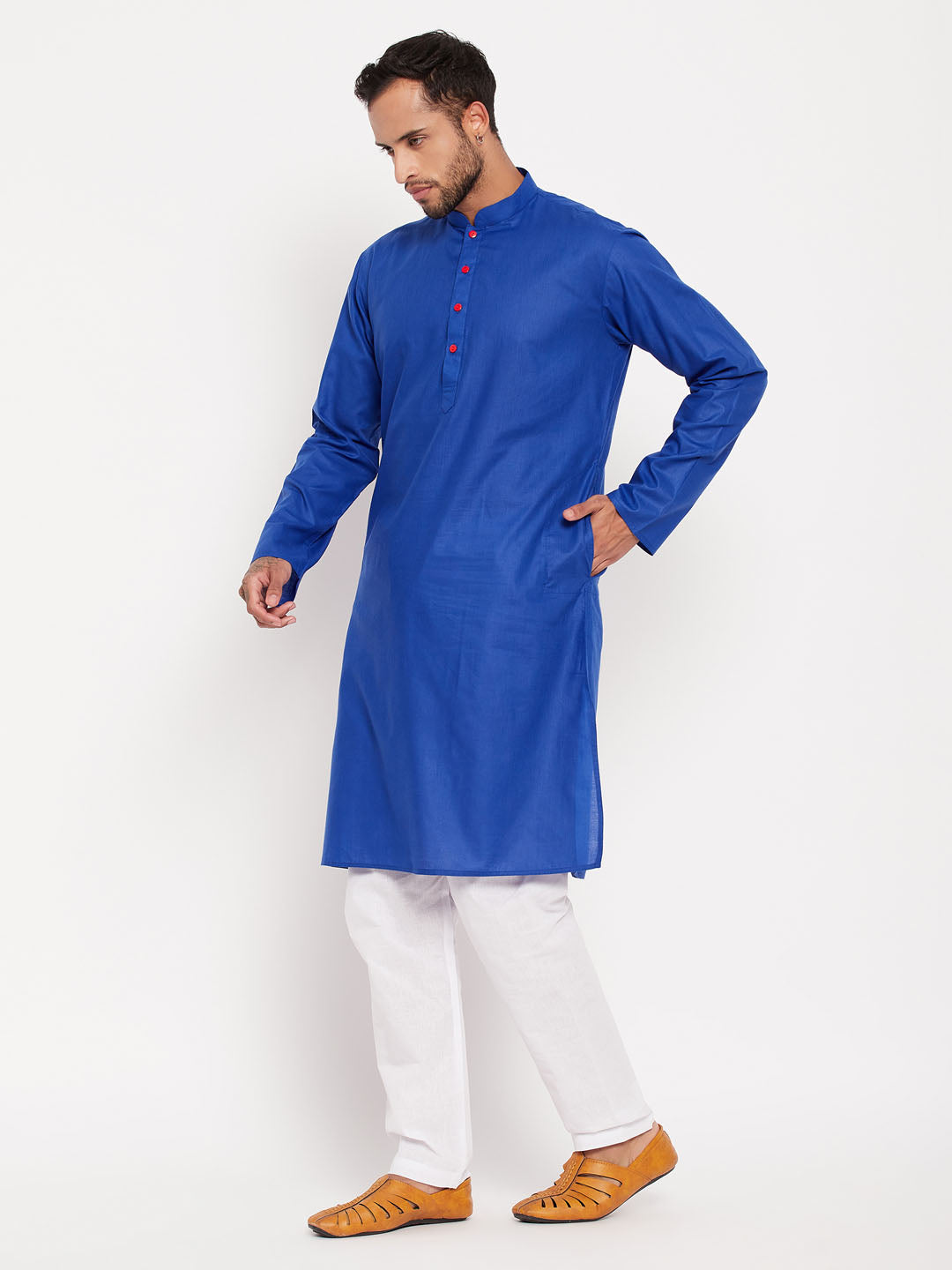 Men's Blue And White Cotton Kurta Pyjama Set