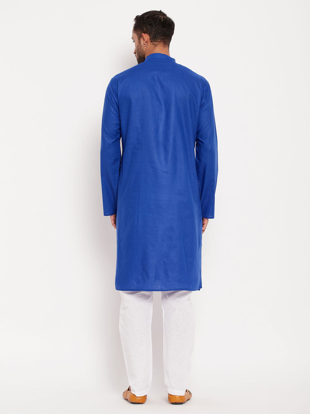 Men's Blue And White Cotton Kurta Pyjama Set