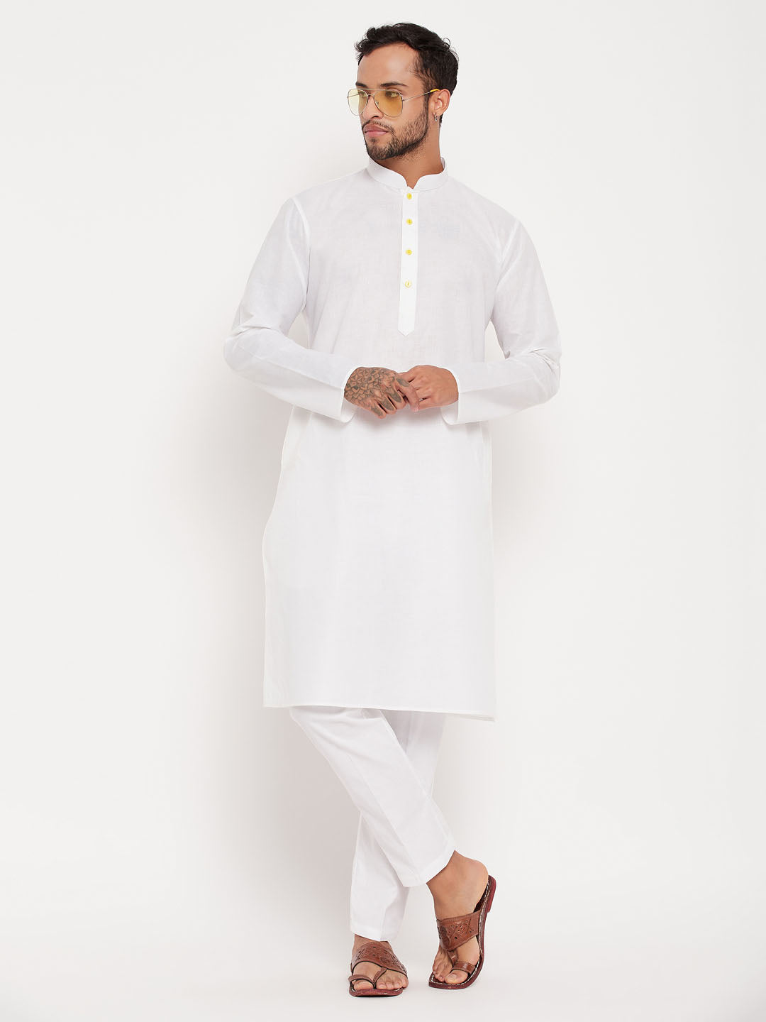 Men's Cream And White Cotton Kurta Pyjama Set