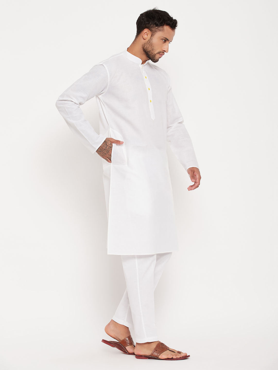 Men's Cream And White Cotton Kurta Pyjama Set