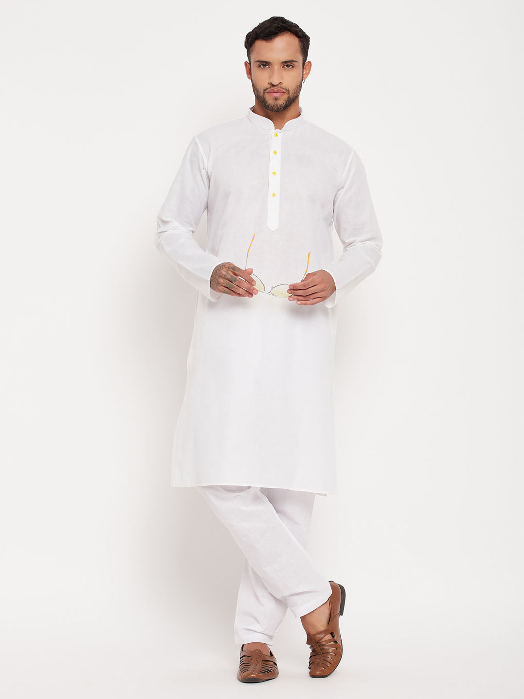 Men's Cream And White Cotton Kurta Pyjama Set