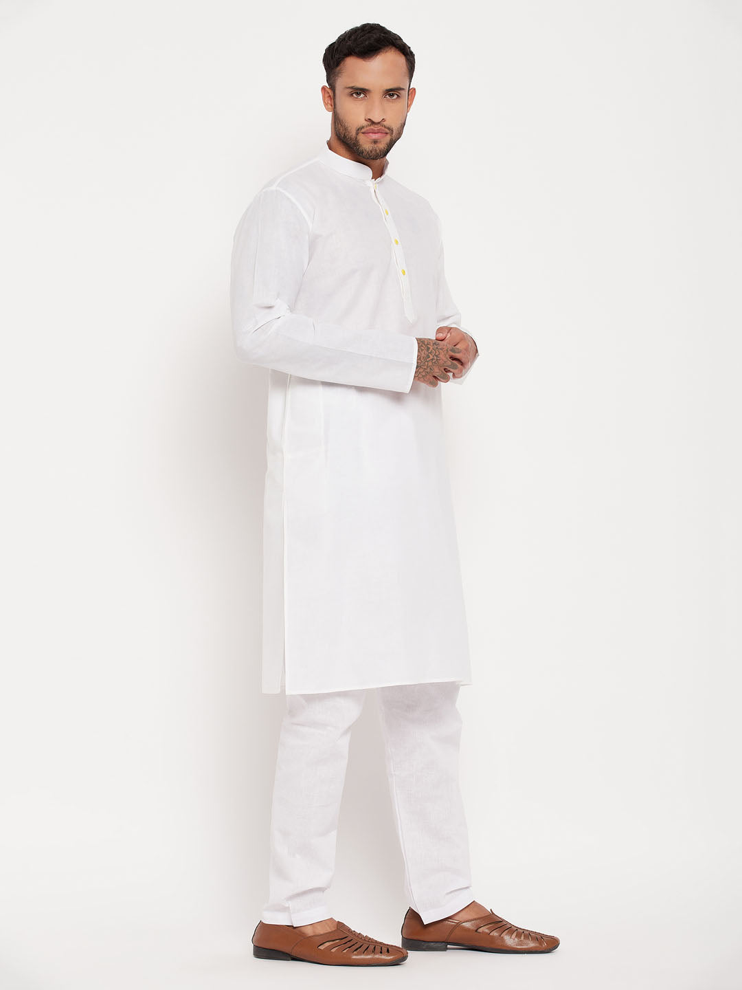 Men's Cream And White Cotton Kurta Pyjama Set