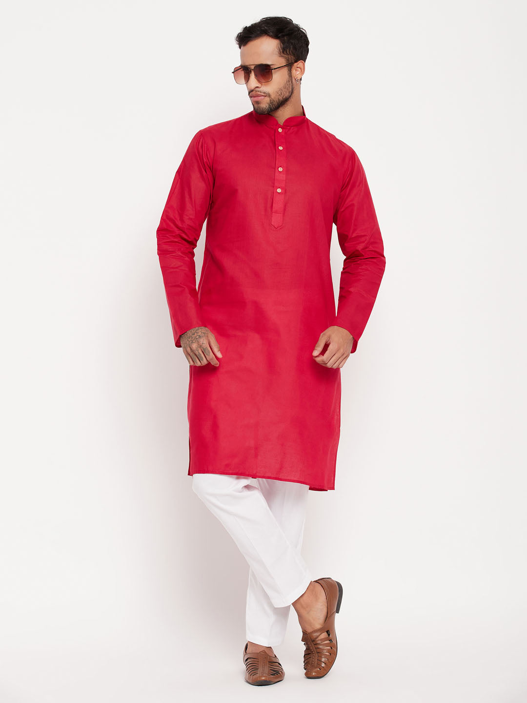 Men's Maroon And White Cotton Kurta Pyjama Set