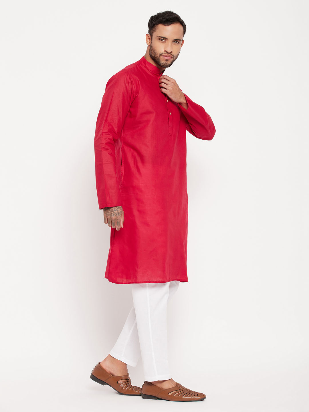 Men's Maroon And White Cotton Kurta Pyjama Set