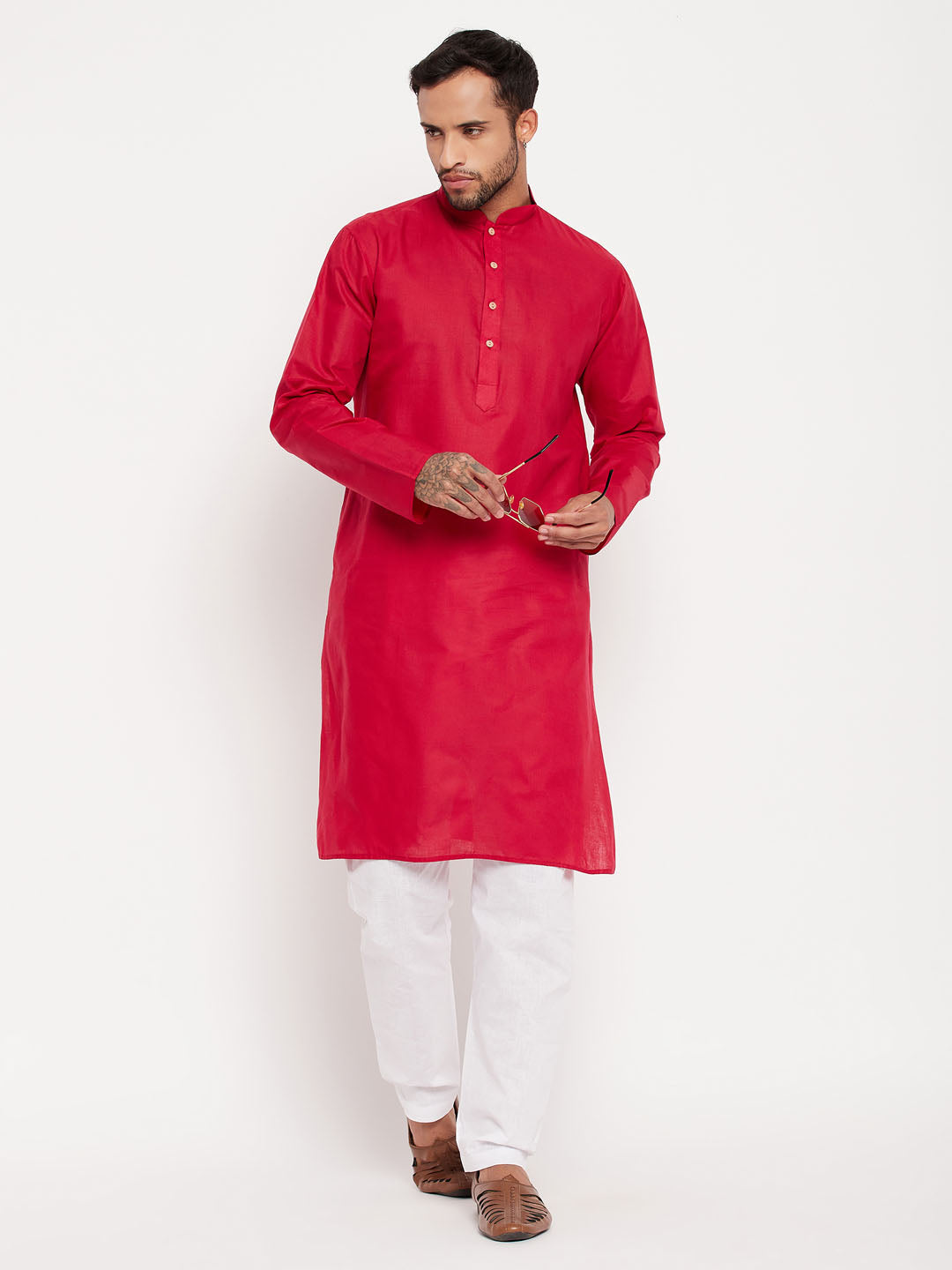 Men's Maroon And White Cotton Kurta Pyjama Set