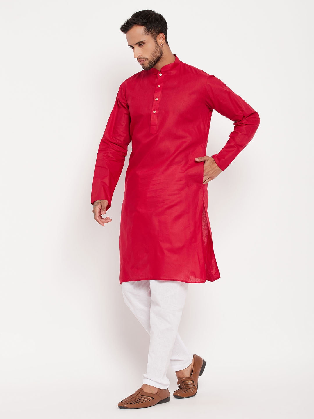 Men's Maroon And White Cotton Kurta Pyjama Set