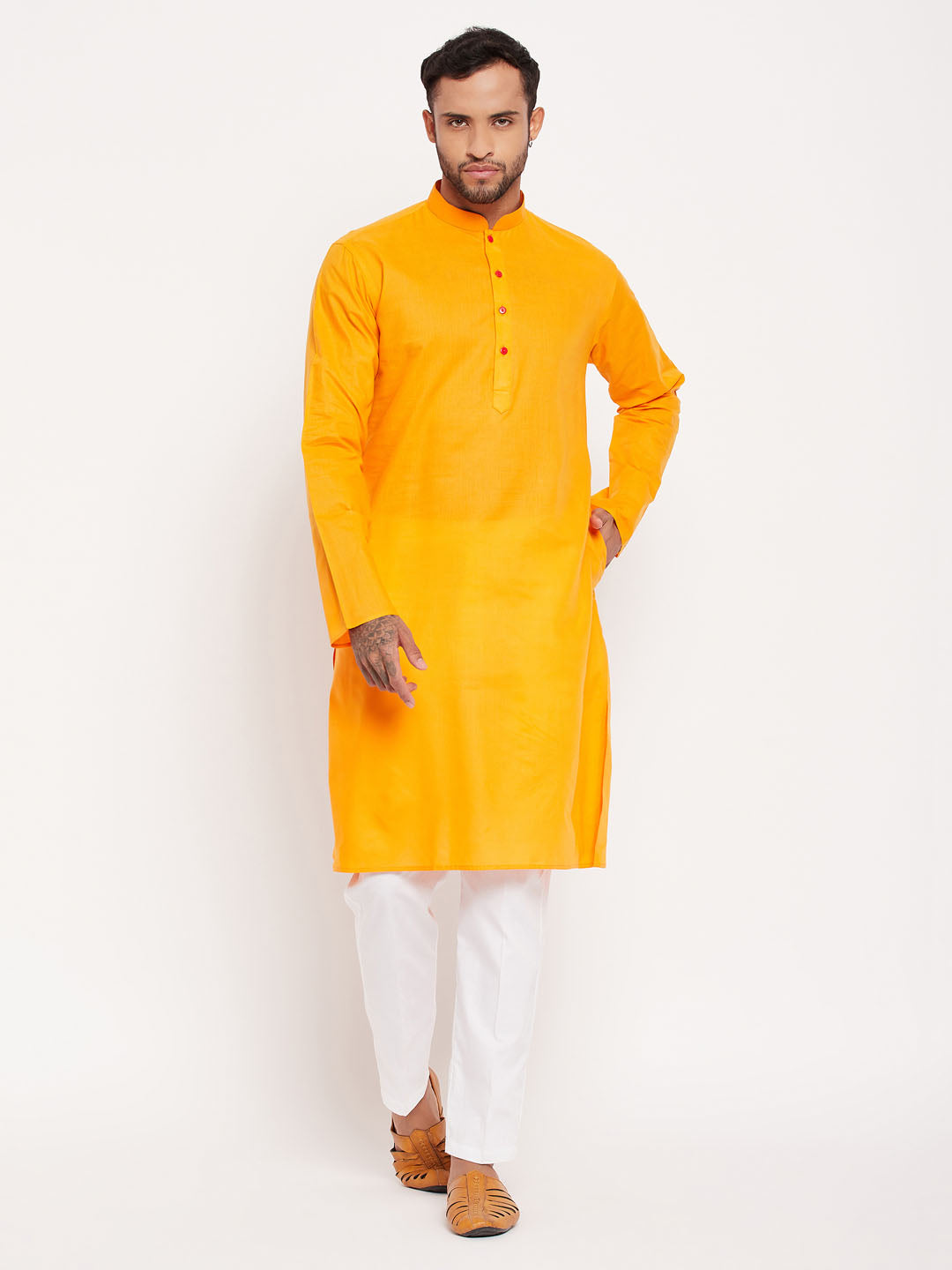 Men's Orange And White Cotton Kurta Pyjama Set