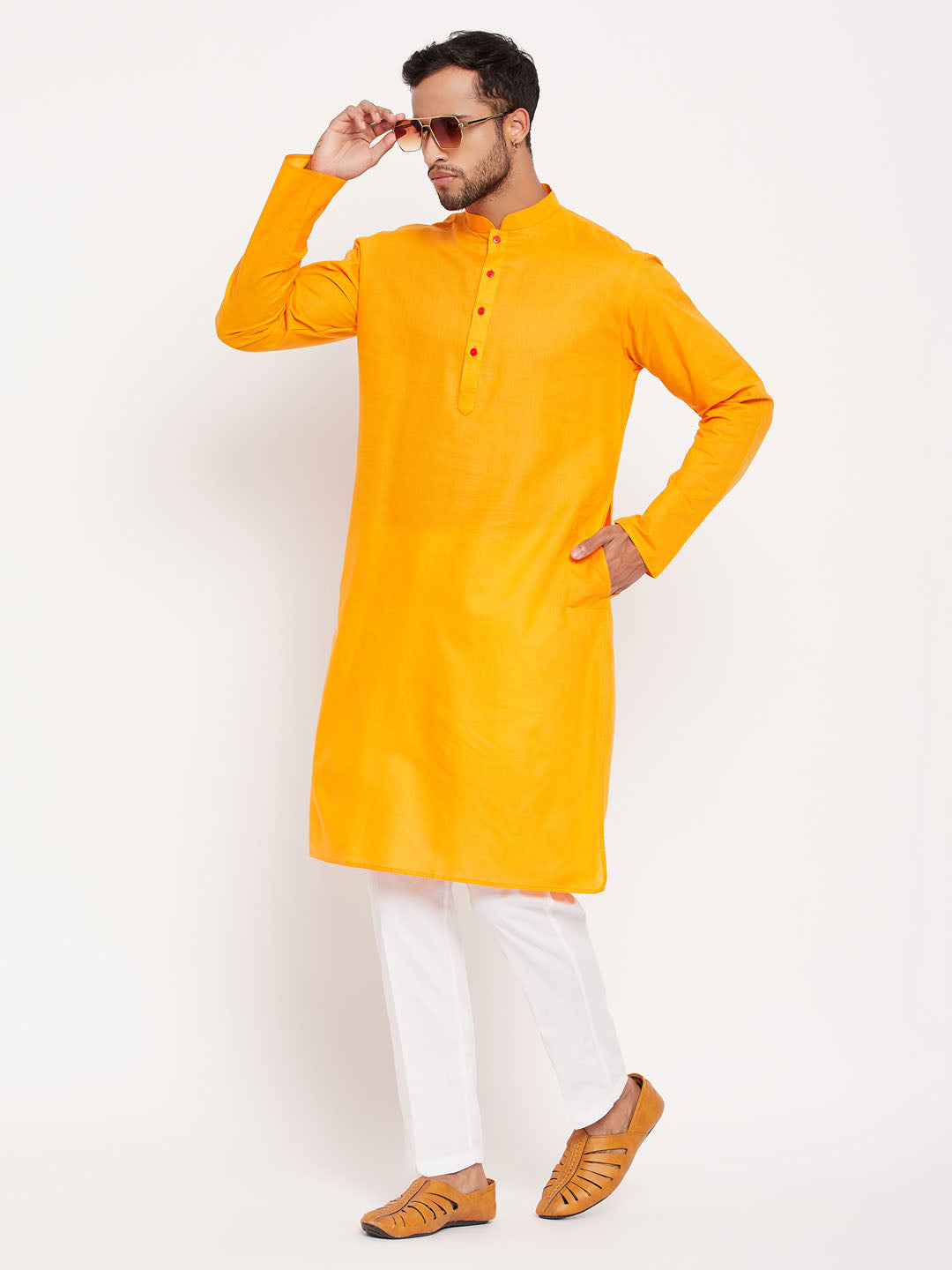 Men's Orange And White Cotton Kurta Pyjama Set