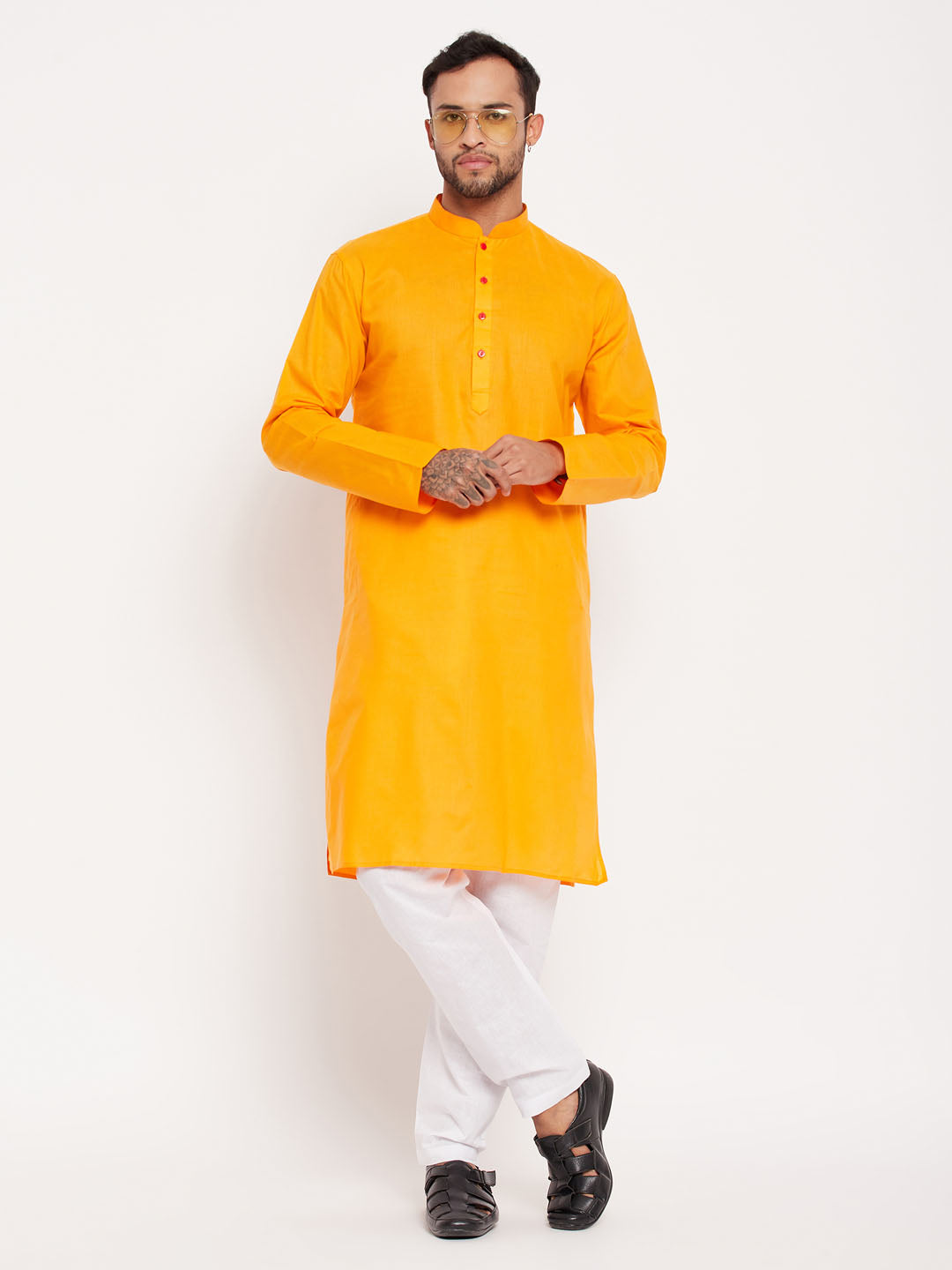 Men's Orange And White Cotton Kurta Pyjama Set