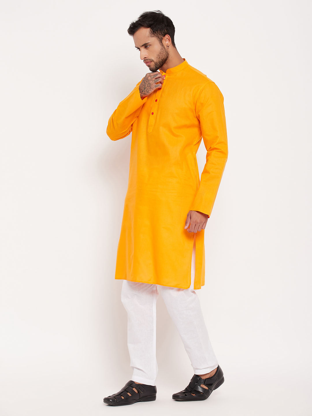 Men's Orange And White Cotton Kurta Pyjama Set