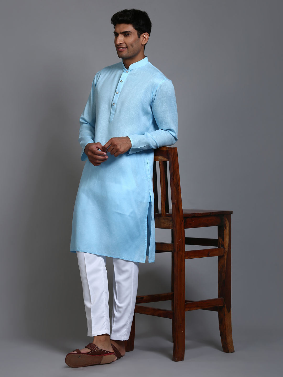 Men's Aqua And White Cotton Kurta Pyjama Set