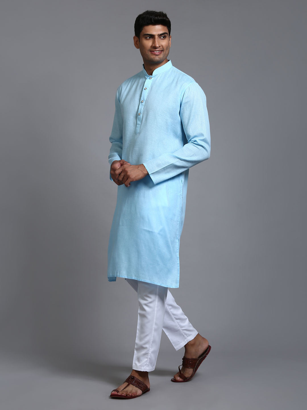 Men's Aqua And White Cotton Kurta Pyjama Set