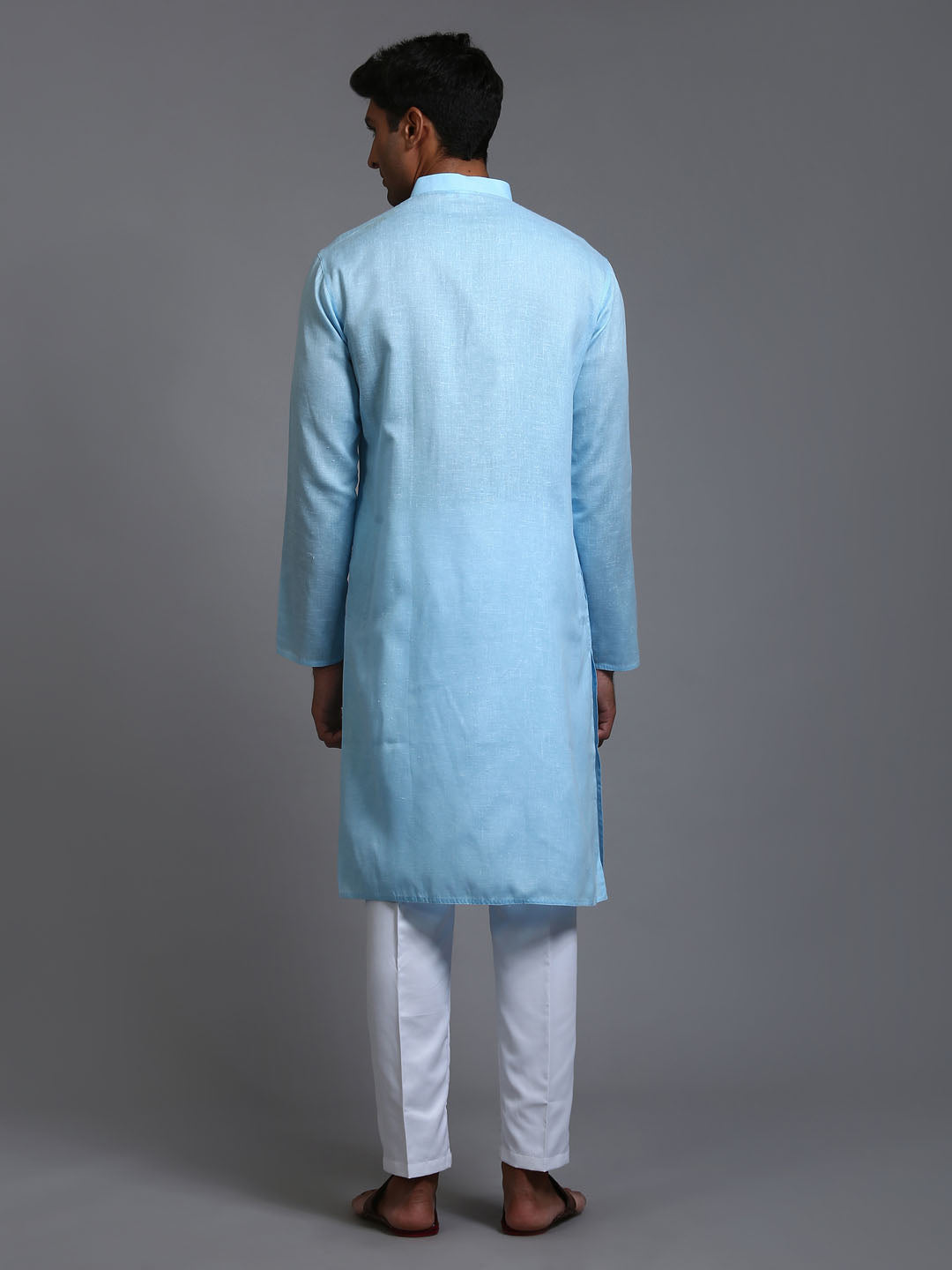 Men's Aqua And White Cotton Kurta Pyjama Set