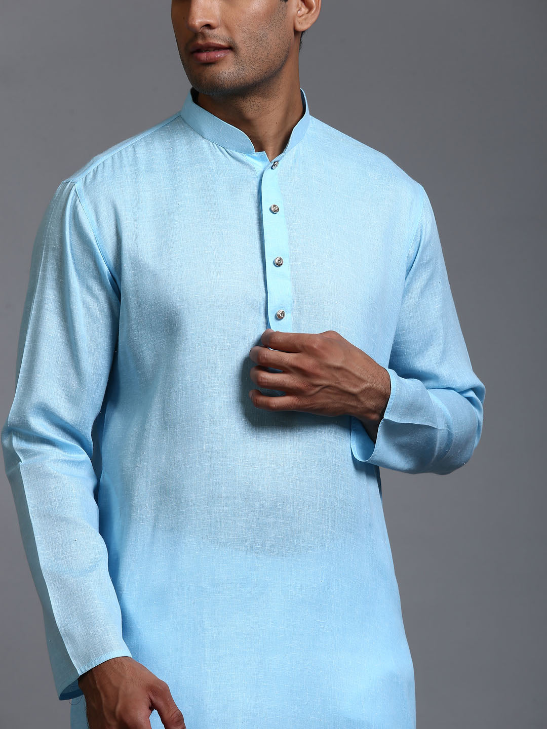 Men's Aqua And White Cotton Kurta Pyjama Set