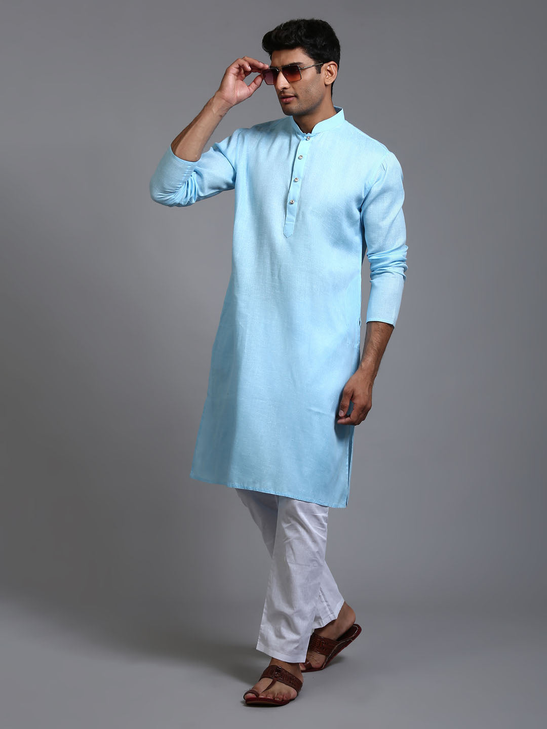 Men's Aqua And White Cotton Kurta Pyjama Set