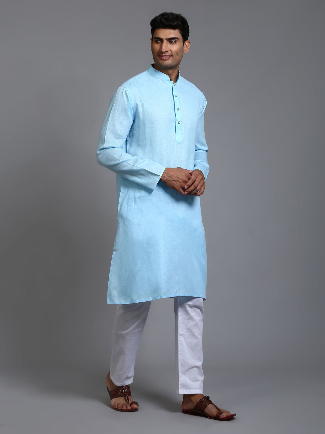 Men's Aqua And White Cotton Kurta Pyjama Set