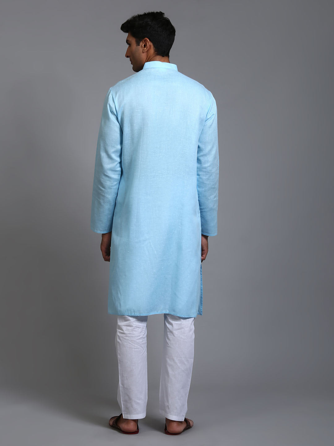 Men's Aqua And White Cotton Kurta Pyjama Set