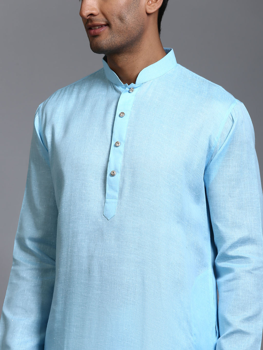 Men's Aqua And White Cotton Kurta Pyjama Set