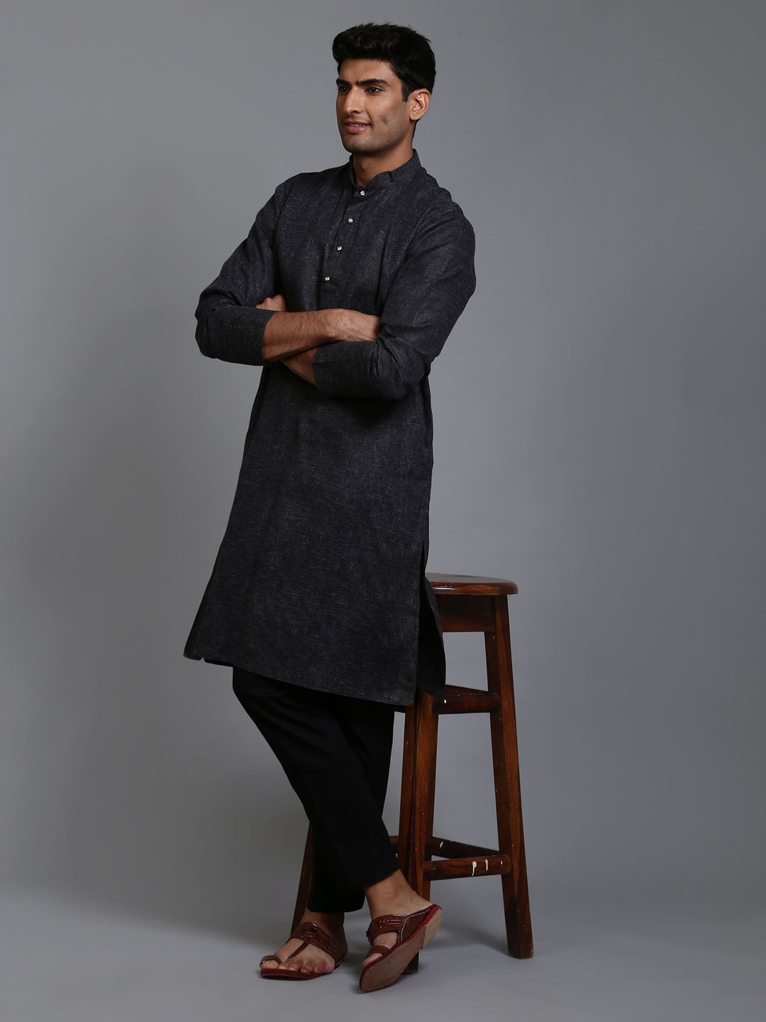 Men's Black Cotton Blend Kurta Pyjama Set